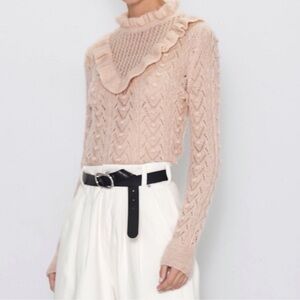 NWOT: Zara Ruffled Popcorn Pointelle Knit Blush Mohair Long Sleeve Sweater•Large